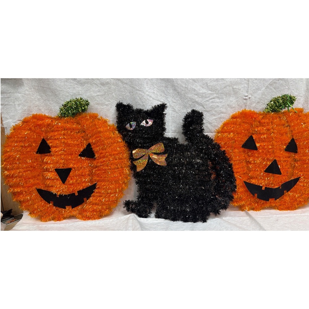 Halloween Tinsel Wall Decor Set 3pc Orange Pumpkins Black Cat Sparkly Holiday